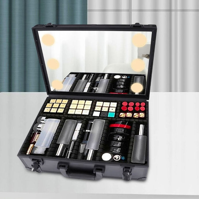 Mallette de maquillage noire professionnelle en forme de valise, avec miroir et des compartiments pour ranger les produits de beauté.