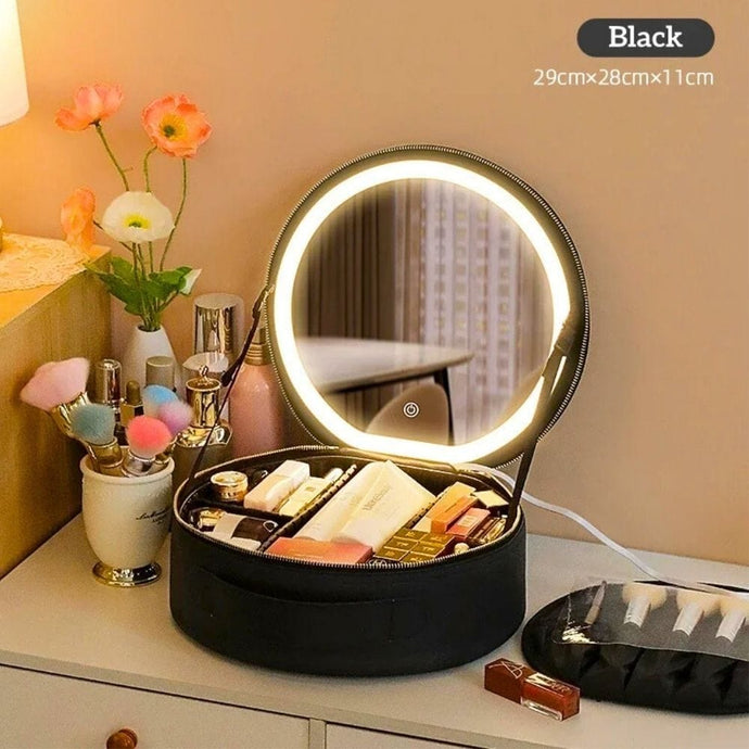 Mallette de maquillage pour femme, de couleur noire, forme ronde, avec miroir LED intégré et un grand compartiment pour ranger le maquillage.