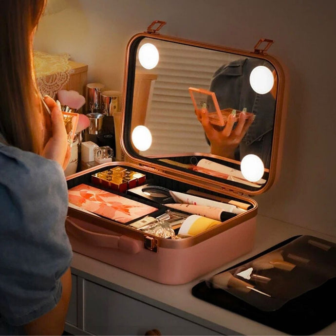 Vanity maquillage avec LED et miroir intégré, comprenant un organiseur de maquillage à l'intérieur.