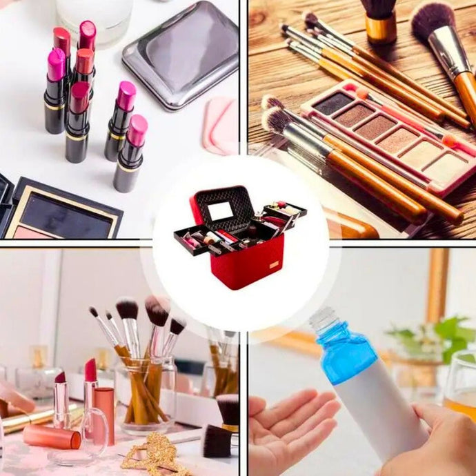 Variété de maquillage et cosmétiques, avec un modèle de vanity rouge pour le rangement.