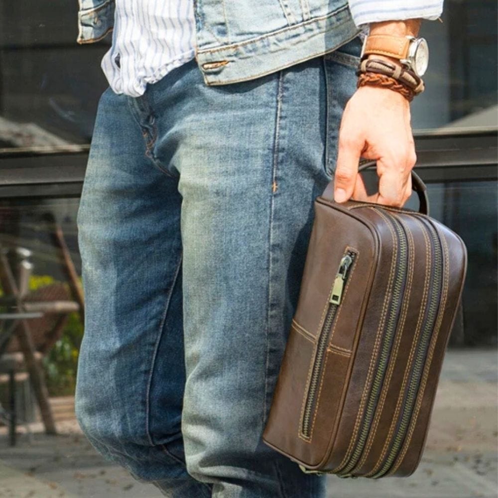 Trousse de Toilette Homme Cuir Saccoche Trousse De Toilette Cuir Homme Moka / 24.5 cm