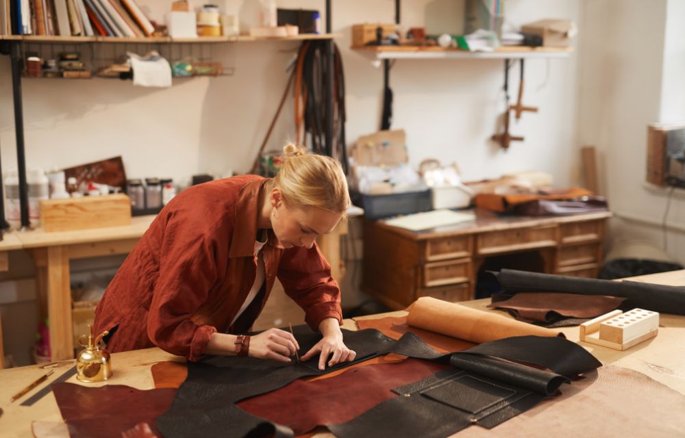 Une femme artisan travaillant le cuir.
