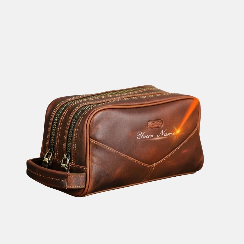 Trousse De Toilette Homme Personnalisable En Cuir - Kit Rasage Voyage, étanche, Cadeau Mari/papa - 8